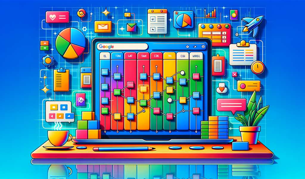 Colorful illustration of a Kanban board in Google Sheets displayed on a laptop with various productivity icons and elements around it
