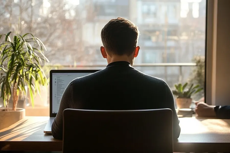 Back view of a man working on a laptop in a sunlit office