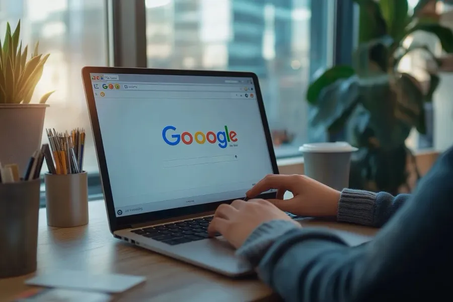 Person typing on a laptop in Google in an office