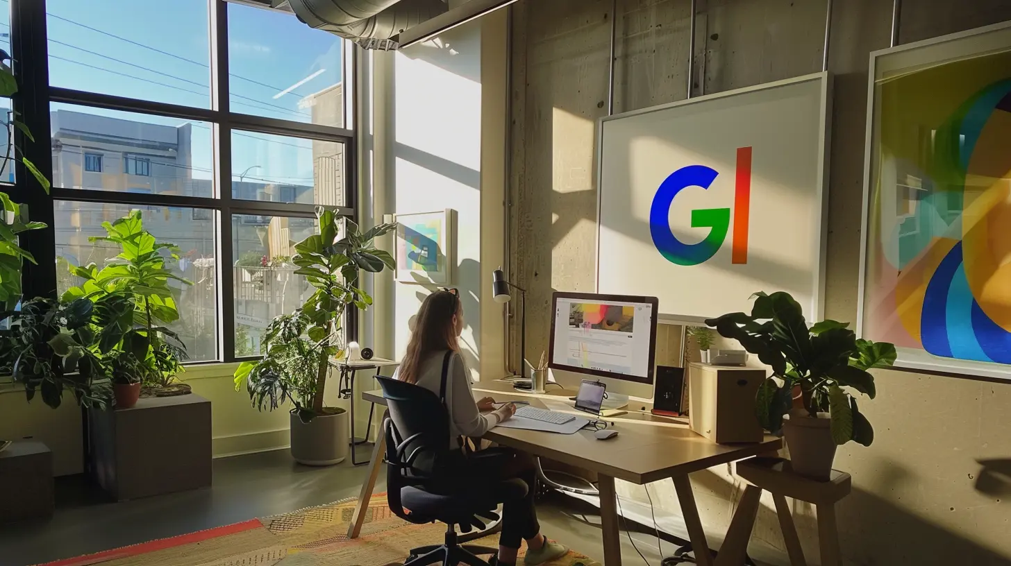 Person working at a desk in a bright, modern office with large windows, green plants, and a Google logo on the wall