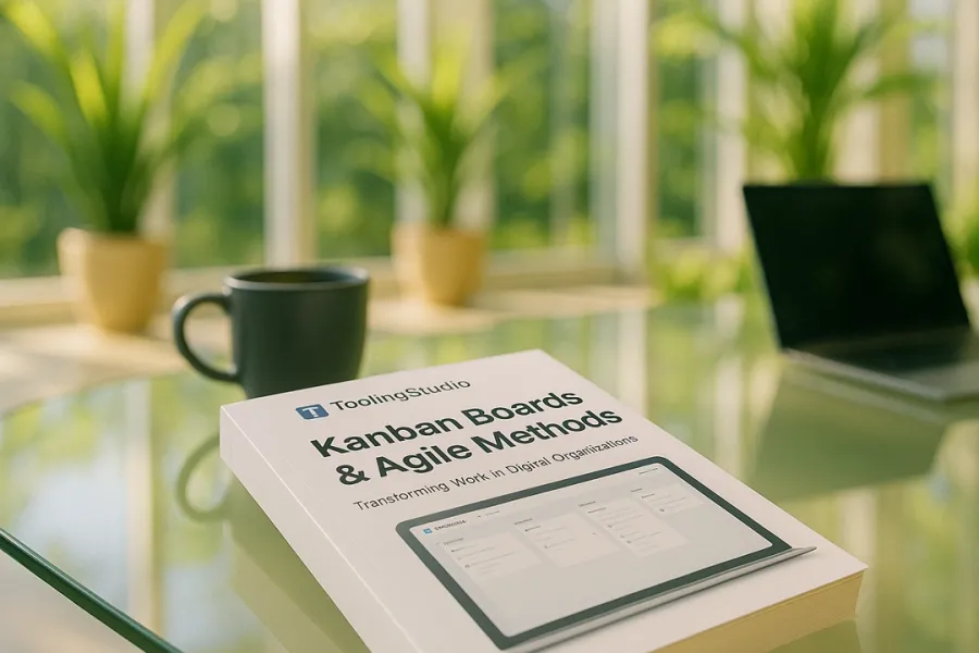 tooling studio kanban book on glass table, green views behind