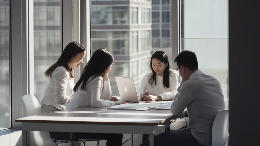 Team collaborating on a project using a laptop in a bright modern office space with large windows