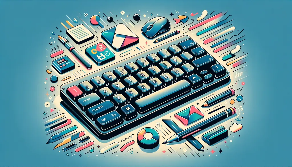 Animated keyboard with various Google Workspace icons and office supplies, illustrating top keyboard shortcuts.