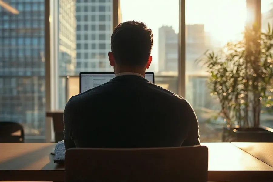 Rear view of a man using a laptop against a city backdrop in late-afternoon light