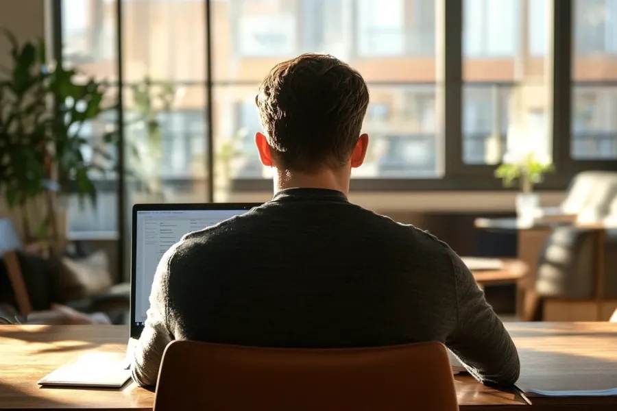 Man sitting at a desk with a laptop in a bright modern workspace