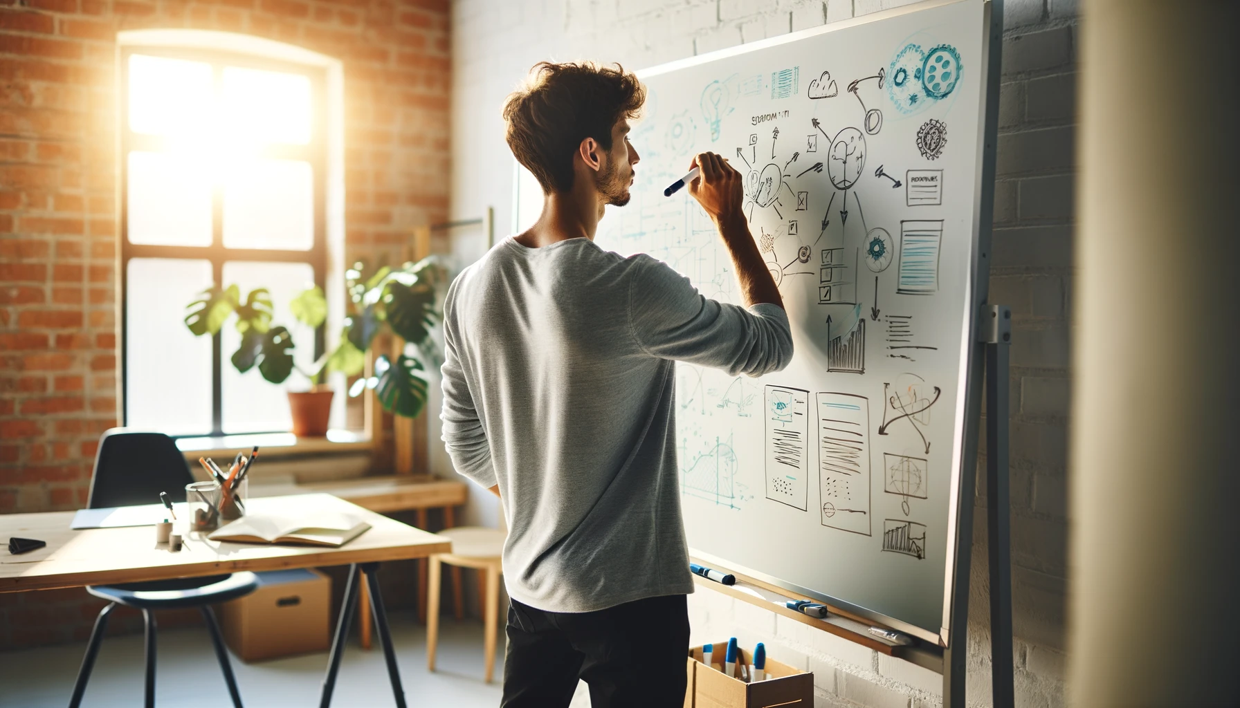 Someone sketching on a whiteboard. It captures the essence of a creative and informal work environment.