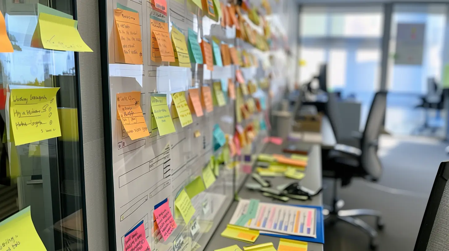 Detailed Kanban board with numerous sticky notes in an office setting