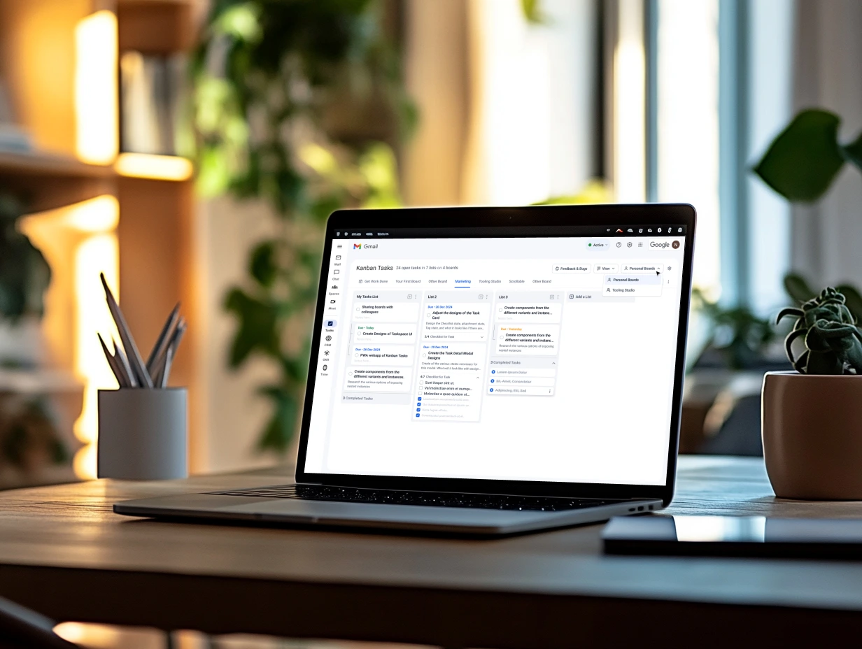 Colorful illustration of a Kanban board in Google Sheets displayed on a laptop with various productivity icons and elements around it