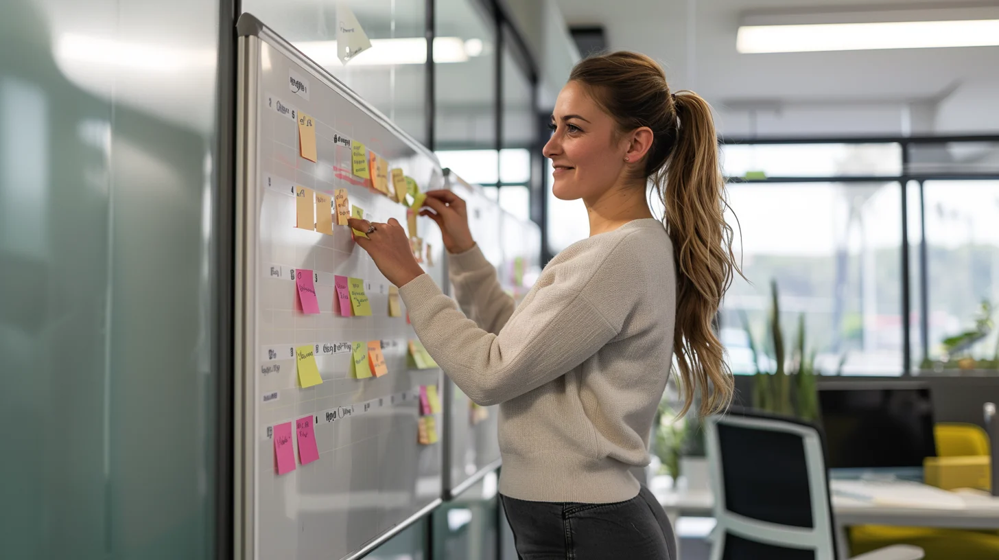 a woman organising tasks on a visual kanban board