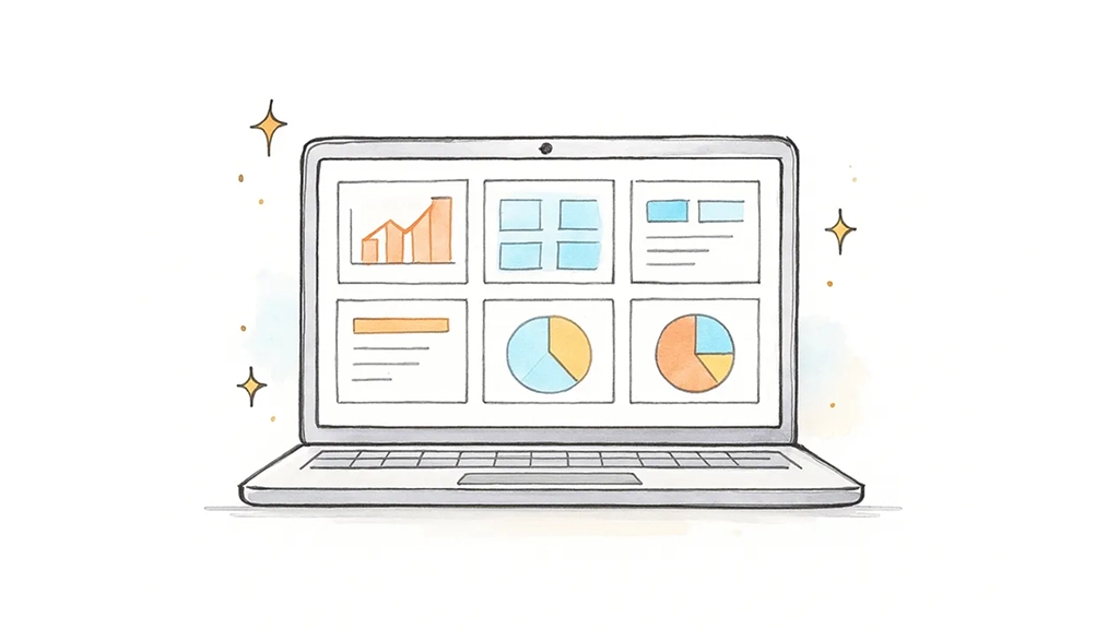Illustrated laptop with a six-panel dashboard containing graphs, charts, and data blocks